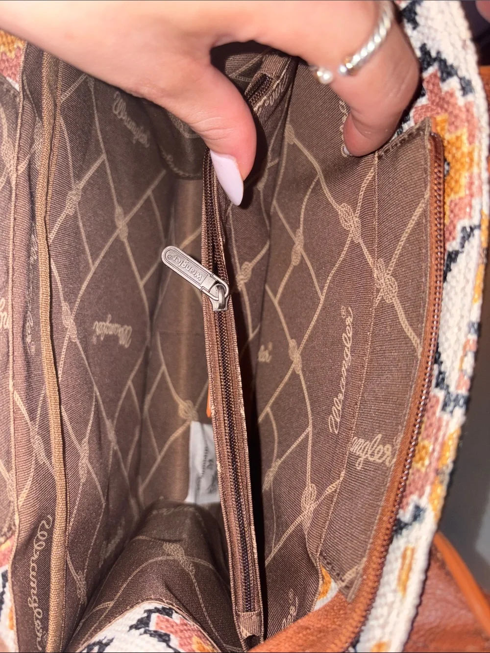 Wrangler Canvas Tote with Geometric Embroidery in Beige, Brown & Mustard